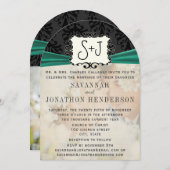 フォトヴィンテージダマスクエメラルドグリーン結婚ブラック 招待状 (正面/裏面)