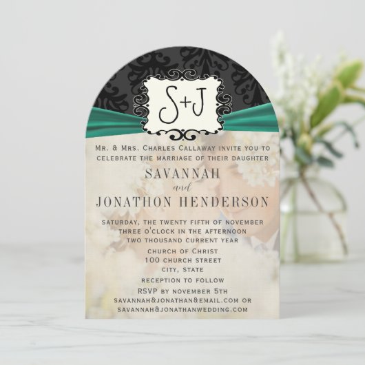 フォトヴィンテージダマスクエメラルドグリーン結婚ブラック 招待状 (スタンド正面)