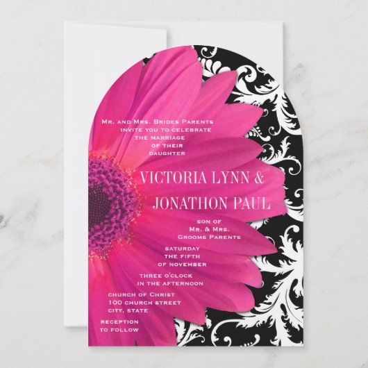 フォトヴィンテージダマスクピンクガーベラデイジー結婚ズ 招待状 (裏面)