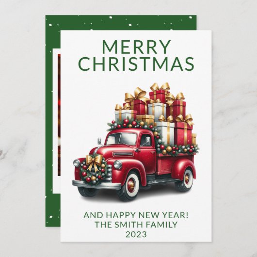 フォトヴィンテージトラックプレゼントグリーンクリスマス 招待状 (正面/裏面)