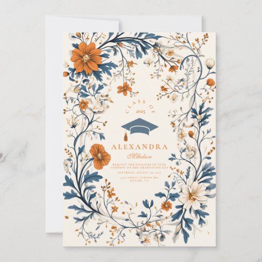 フォトヴィンテージネイビーオレンジフローラ卒業 招待状 (正面)