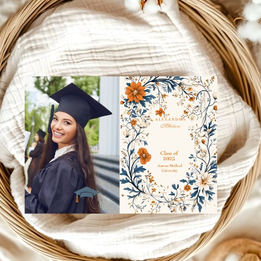 フォトヴィンテージネイビーオレンジフローラ卒業 案内状