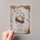 フォトヴィンテージマウンテンフォレストエバ結婚ーグリーン アクリル招待状 (インサイチュ (ポータブル))