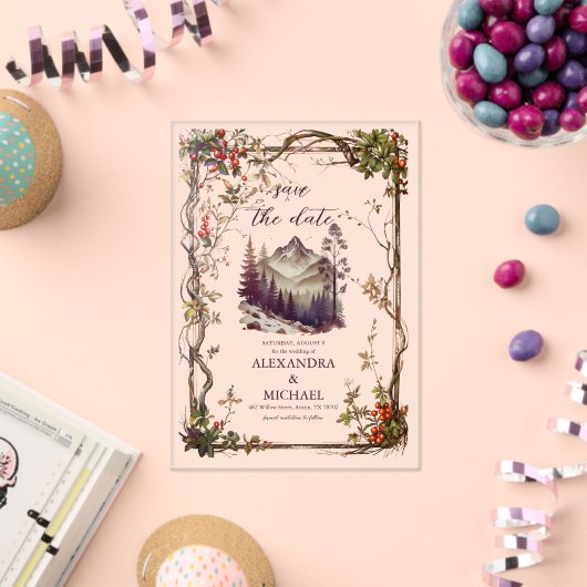 フォトヴィンテージマウンテンフォレストエバ結婚ーグリーン アクリル招待状 (インサイチュ (お祝い))