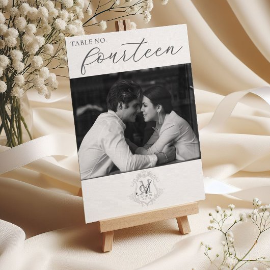 フォトヴィンテージモノグラム結婚クレストのテーブル番号 招待状