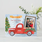 フォトヴィンテージレッドトラック冬の木クリスマス シーズンカード (スタンド正面)