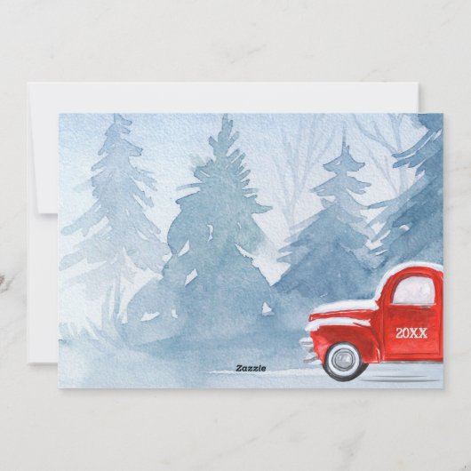 フォトヴィンテージレッドトラック冬の木クリスマス シーズンカード (裏面)