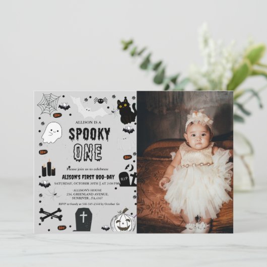 フォト不気味ワンハロウィーンの最初の誕生日パーティー 招待状 (スタンド正面)