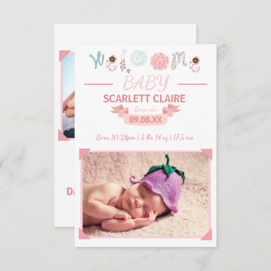 フォト付きウェルカムベビー- 3x5誕生のお知らせ 案内状 (正面/裏面)