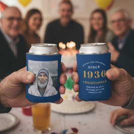 フォト付きカスタム90歳の誕生日 ブルーゴールド 缶クーラー