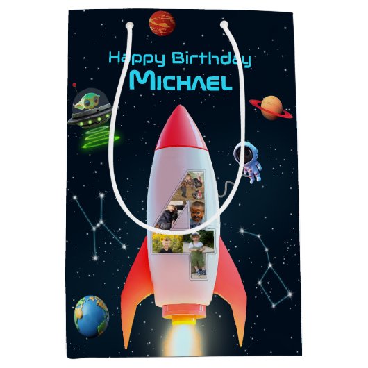 フォト付きビッグ4 | 宇宙ロケット4th誕生日 ミディアムペーパーバッグ (正面)