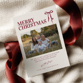 フォト付きワインレッドリボンクリスマスカード 招待状