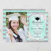 フォト付き卒業パーティー – グリーンシルバー 招待状 (正面/裏面)