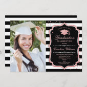 フォト付き卒業パーティー – バラ金ゴールドブラック 招待状 (正面/裏面)