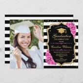 フォト付き卒業パーティー – ピンク金ゴールドブラック 招待状 (正面/裏面)