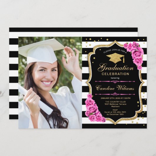 フォト付き卒業パーティー – ピンク金ゴールドブラック 招待状 (正面/裏面)