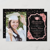 フォト付き卒業パーティー – ブラックバラ金ゴールド 招待状 (正面/裏面)