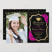 フォト付き卒業パーティー – ブラック金ゴールドホットピンク 招待状 (正面/裏面)