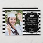 フォト付き卒業パーティー – 白黒シルバー 招待状 (正面/裏面)