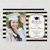 フォト付き卒業パーティー – 白黒金ゴールド 招待状 (正面/裏面)