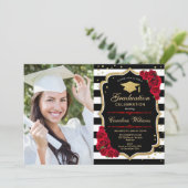 フォト付き卒業パーティー – 赤い金ゴールドブラック 招待状 (スタンド正面)