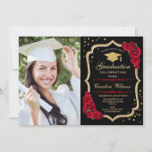 フォト付き卒業パーティー – 金ゴールドブラック赤 招待状 (正面)