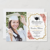 フォト付き卒業パーティー – 金ゴールドホワイト赤面 招待状 (正面)