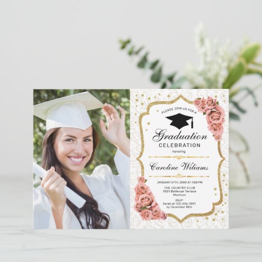 フォト付き卒業パーティー – 金ゴールドホワイト赤面 招待状 (スタンド正面)