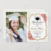 フォト付き卒業パーティー – 金ゴールドホワイト赤面 招待状 (正面/裏面)