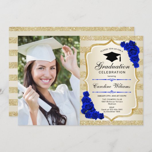 フォト付き卒業パーティー – 金ゴールド王室のブルー 招待状 (正面/裏面)