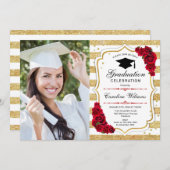 フォト付き卒業パーティー – 金ゴールド白レッド 招待状 (正面/裏面)