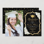 フォト付き卒業パーティー – 黒金ゴールド白 招待状 (正面/裏面)