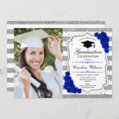 フォト付き卒業パーティー – Silver 王室の Blue 招待状 (正面/裏面)