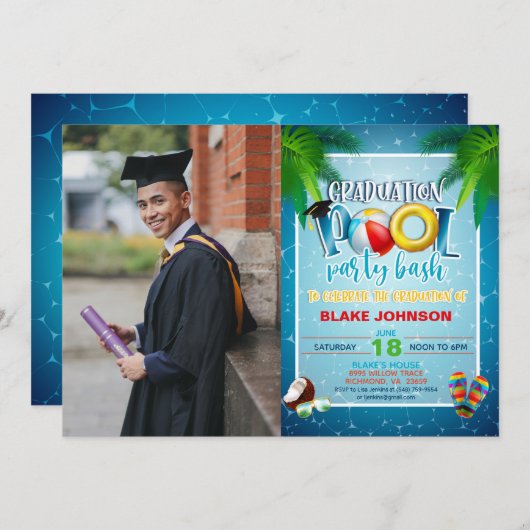 フォト付き卒業プールパーティの招待状 招待状 (正面/裏面)