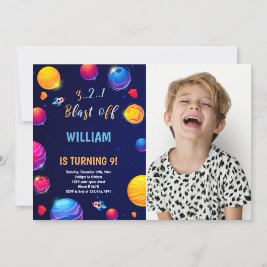 フォト付き宇宙誕生日招待状 招待状 (正面)