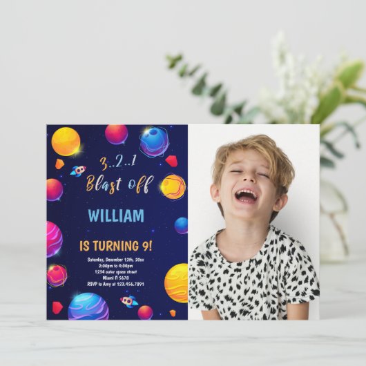 フォト付き宇宙誕生日招待状 招待状 (スタンド正面)