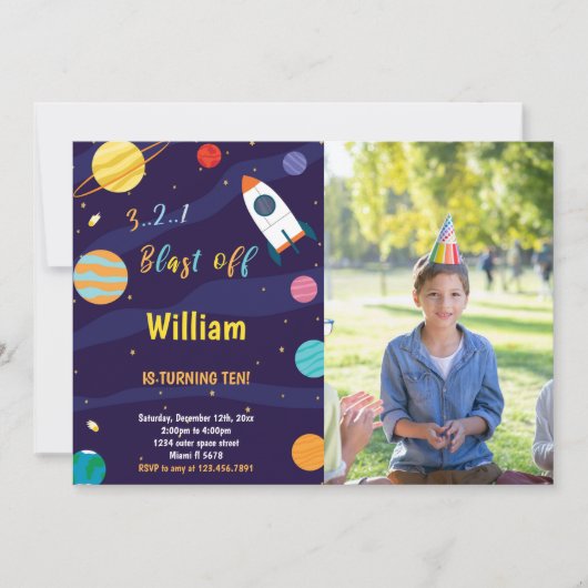 フォト付き宇宙誕生日招待状 招待状 (正面)