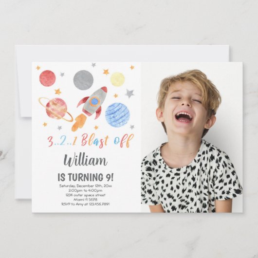 フォト付き宇宙誕生日招待状 招待状 (正面)