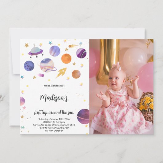 フォト付き宇宙誕生日招待状 招待状 (正面)