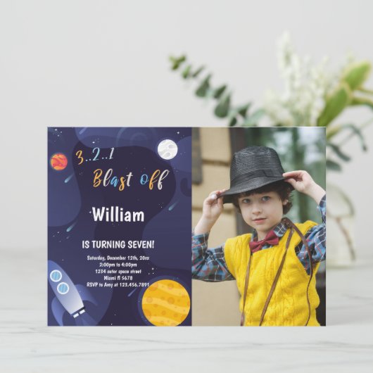 フォト付き宇宙誕生日招待状 招待状 (スタンド正面)
