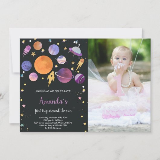 フォト付き宇宙誕生日招待状 招待状 (正面)
