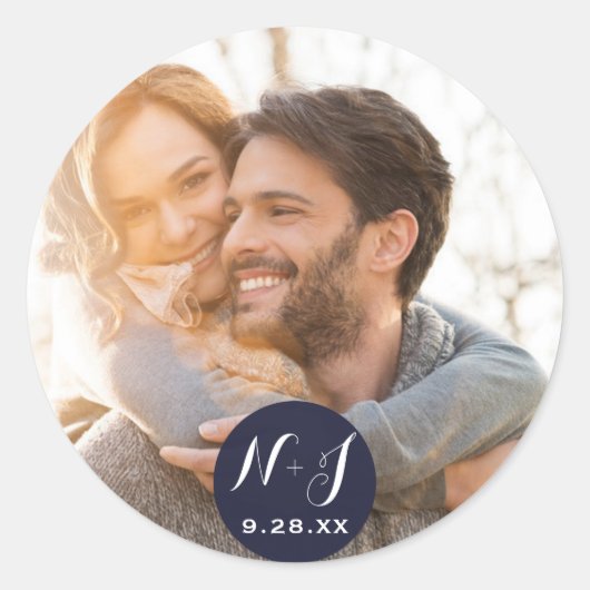 フォト写真ネイビーブルーモダン結婚式の引き出物 ラウンドシール (正面)