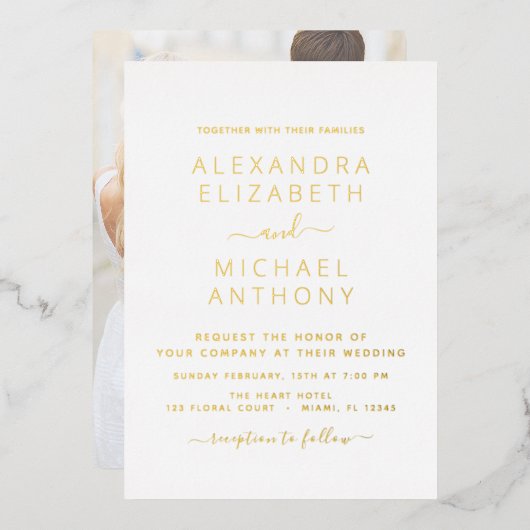 フォト写真結婚ズエレガントロマンチック 箔招待状 (正面/裏面)