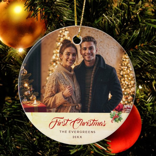 フォト冬モダン水カラー初めてのクリスマス セラミックオーナメント