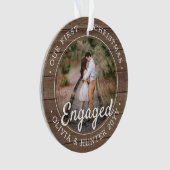 フォト初めてのクリスマス婚約した素朴フェイクWood オーナメント (正面)