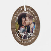 フォト初めてのクリスマス婚約した素朴フェイクWood メタルオーナメント (正面左)