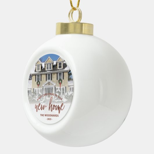 フォト初めてのクリスマス新しいホームバラ金ゴールドスクリプト セラミックボールオーナメント (右)