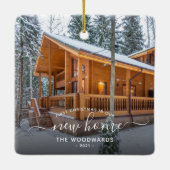 フォト初めてのクリスマス新しいホームホワイトスクリプト セラミックオーナメント (裏面)