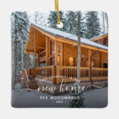 フォト初めてのクリスマス新しいホームホワイトスクリプト セラミックオーナメント (正面)