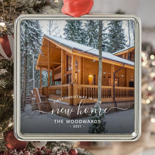 フォト初めてのクリスマス新しいホームホワイトスクリプト メタルオーナメント